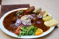 Original traditional Czech Prague beef goulash dumplings (knedliky): red onion,hot chilli peppers,sausage,tender meat Royalty Free Stock Photo