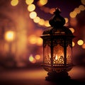 Original traditional oriental lantern with beautiful bokeh of festive lights and mosque in the background - AI image