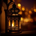 Original traditional oriental lantern with beautiful bokeh of festive lights and mosque in the background - AI image
