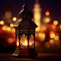 Original traditional oriental lantern with beautiful bokeh of festive lights and mosque in the background - AI image