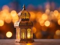 Original traditional ornate oriental lantern with beautiful bokeh of holiday lights.Generative AI