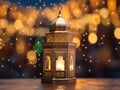 Original traditional ornate oriental lantern with beautiful bokeh of holiday lights.Generative AI