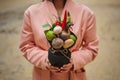 The original unusual edible vegetable and fruit bouquet in girl hands Royalty Free Stock Photo