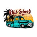 Original vector illustration in vintage style. Vintage car on the background of palm trees and the sun. Royalty Free Stock Photo