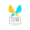 Original vector logo with abstract butterfly for organizations helping people with Down Syndrome. Bright blue and yellow Royalty Free Stock Photo