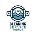 Original vector logo design for cleaning service or company with round door of washing machine. Linear symbol with blue