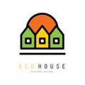 Original vector logo with three eco houses. Ecology and clean environment. Emblem for green architectural service