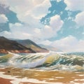 Original vector oil painting of sea and beach on canvas. Rich golden Sun over sea. Modern Realism and Impressionism Royalty Free Stock Photo