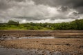 The original Water of Ken river bed exposed and the Earlstoun Castle ruin Royalty Free Stock Photo