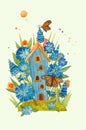 original watercolor art, fabulous cute house in blue colors,spring or summer composition Royalty Free Stock Photo