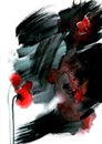 Original watercolor black and white painting with abstract red flower. Royalty Free Stock Photo