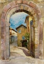 Original watercolor illustration stone gate in Assisi, Italy