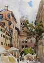 Original watercolor landscape of narrow Bologna medieval street with old buildings and arches in the rainy day, Italy