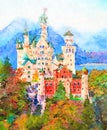 Original watercolor painting of famous Neuschwanstein castle