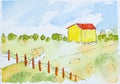 An original watercolor painting with a green meadow and a yellow barn.