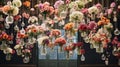 Original wedding floral decoration in the form of mini-vases and bouquets of flowers hanging from the ceiling