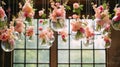 Original wedding floral decoration in the form of mini-vases and bouquets of flowers hanging from the ceiling