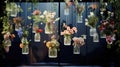 Original wedding floral decoration in the form of mini-vases and bouquets of flowers hanging from the ceiling