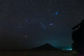 Orion constellation starry sky stars over Gunung Api volcanic island glowing in tropical night Indonesia Banda Islands Moluccas