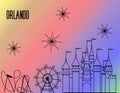 Orlando Atractions Black Line On Rainbow Colorful Background. Roller Coaster, Big Wheel, Castle And Fireworks.