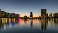 Panoramic view of Orlando city at sunset with fountain and cityscape, Florida, USA Royalty Free Stock Photo