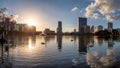 Orlando city skyline at sunset with fountain and cityscape, Florida, USA Royalty Free Stock Photo