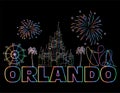 Orlando colorful lettering on black backround . Vector with travel icons and fireworks. Art Postcard.