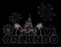 Orlando colorful lettering on black backround . Vector with travel icons. Travel Postcard.