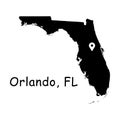 Orlando on Florida State Map. Detailed FL State Map with Location Pin on Orlando City. Black silhouette vector map isolated on whi Royalty Free Stock Photo