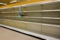 Empty grocery store shelves of bottled water before a hurricane or snow storm. before a hurricane or snow storm