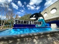 The Shamu Stadium sign outside of the ampitheater at SeaWorld Orlando, Florida