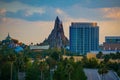 Beautiful view of Volcano Bay water park and Aventura Hotel on sunset background at Universal Studios area. Royalty Free Stock Photo