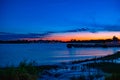 Panoramic view of Grand Floridian Resort & Spa and Magic Kingdom wharf on colorful sunset background at Walt Disney World  area 6 Royalty Free Stock Photo