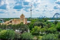 Panoramic view of Manta Ray, Sky Tower and Journey to Atlantis attractions at Seaworld in International Drive area.