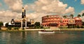 Chocolate Emporium and Hard Rock Cafe at Universal Orlando Resort in Florida with the lake on th