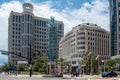 Panoramic view of Orlando City Hall and Grand Bohemian Hotel on Orange Ave. at downtown area 29. Royalty Free Stock Photo