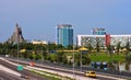 Volcano Bay and Colorful Hotels. Beatiful view from Universal Boulevard bridge