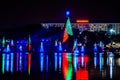 Illuminated and colorful Sea of Christmas Trees and partial view of Reinassance Hotel at Seaworld 6