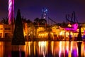 Sky Tower, Manta Ray and Christmas trees on colorful lake at Seaworld 316