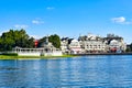Panoramic view of lovely Victorian ride on dockside and restaurants at Lake Buena Vista area.