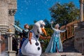 Olaf, Elsa and Anna in Mickeys Royal Friendship Faire in Magic Kingdom 48. Royalty Free Stock Photo
