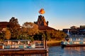 Volcano expelling fire and water taxi launch at Lake Buena Vista area . Royalty Free Stock Photo