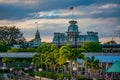 Panoramic view of Cinderellas Castle and vintage Train Station at Magic Kingdom in Walt Disney World 3 Royalty Free Stock Photo