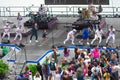 Alexander Delgado, his son and Randy Malcom sing and dance with the band by Gente de Zona at Seaworld in International Drive Area