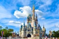 Panoramic view of Cinderella`s Castle on lightblue cloudy sky background in Magic Kingdom at Walt Disney World  1 Royalty Free Stock Photo