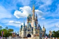 Panoramic view of Cinderella`s Castle on lightblue cloudy sky background in Magic Kingdom at Walt Disney World 1