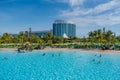 Panoramic view of Waturi Beach and Cabana Bay Hotel at Volcano Bay in Universal Studios area 6 Royalty Free Stock Photo