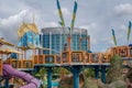 Partial view of Cabana Bay Hotel and colorful water attractions at Volcano Bay water park. Royalty Free Stock Photo