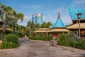 Partial view of Cabana Bay Hotel from Volcano Bay water park 2. Royalty Free Stock Photo