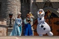 Elsa and Anna on Mickey`s Royal Friendship Faire on Cinderella Castle in Magic Kingdom at Walt Disney World Resort  2 Royalty Free Stock Photo